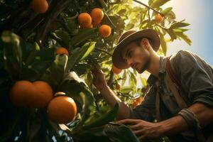 Farmer harvesting oranges on a citrus tree in Sicily, Italy. ai generated pro photo