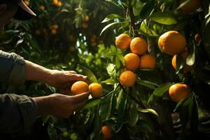 Farmer harvesting oranges on a citrus tree in Sicily, Italy. ai generated pro photo
