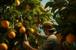 granjero cosecha naranjas en un agrios árbol en Sicilia, Italia. ai generado Pro foto