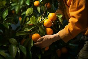 Farmer harvesting oranges on a citrus tree in Sicily, Italy. ai generated pro photo