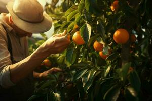 granjero cosecha naranjas en un agrios árbol en Sicilia, Italia. ai generado Pro foto