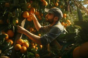 Farmer harvesting oranges on a citrus tree in Sicily, Italy. ai generated pro photo