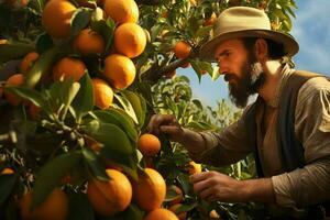 granjero cosecha naranjas en un agrios árbol en Sicilia, Italia. ai generado Pro foto