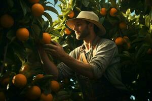 Farmer harvesting oranges on a citrus tree in Sicily, Italy. ai generated pro photo