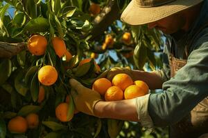 Farmer harvesting oranges on a citrus tree in Sicily, Italy. ai generated pro photo