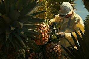 a man harvesting pineapples in the field. concept of harvesting pineapples. ai generated pro photo