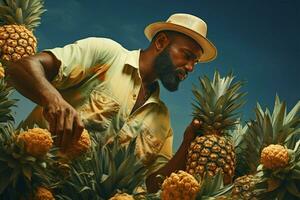 a man harvesting pineapples in the field. concept of harvesting pineapples. ai generated pro photo