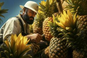 a man harvesting pineapples in the field. concept of harvesting pineapples. ai generated pro photo