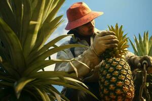 a man harvesting pineapples in the field. concept of harvesting pineapples. ai generated pro photo