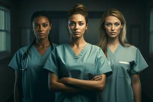 Beautiful young women in medical uniform standing in hospital corridor. ai generated pro photo