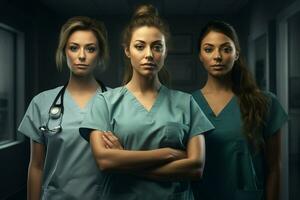 Beautiful young women in medical uniform standing in hospital corridor. ai generated pro photo