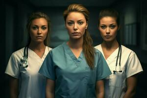 Beautiful young women in medical uniform standing in hospital corridor. ai generated pro photo