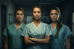 Beautiful young women in medical uniform standing in hospital corridor. ai generated pro photo