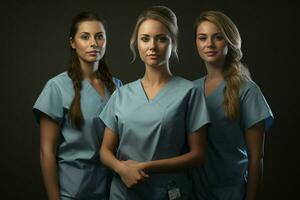 Beautiful young women in medical uniform standing in hospital corridor. ai generated pro photo