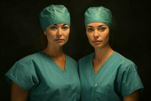 Beautiful young women in medical uniform standing in hospital corridor. ai generated pro photo