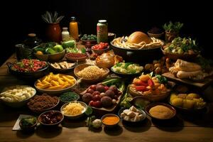 Selection of cheese, meat, fruits and vegetables on a wooden table. ai generated pro photo