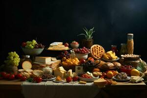 Selection of cheese, meat, fruits and vegetables on a wooden table. AI generated pro photo