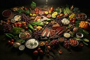 Selection of cheese, meat, fruits and vegetables on a wooden table. ai generated pro photo