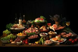 Selection of cheese, meat, fruits and vegetables on a wooden table. AI generated pro photo