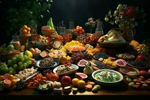 selección de queso, carne, frutas y vegetales en un de madera mesa. ai generado Pro foto