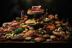 Selection of cheese, meat, fruits and vegetables on a wooden table. ai generated pro photo