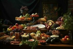 Selection of cheese, meat, fruits and vegetables on a wooden table. ai generated pro photo