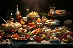 Selection of cheese, meat, fruits and vegetables on a wooden table. ai generated pro photo