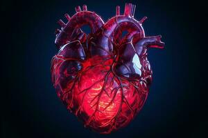 Human heart in neon light on dark background. ai generated pro photo