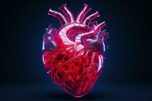 Human heart in neon light on dark background. ai generated pro photo