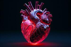 Human heart in neon light on dark background. ai generated pro photo