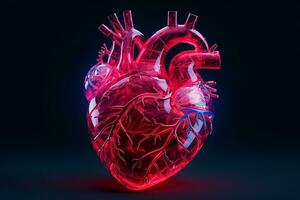 Human heart in neon light on dark background. ai generated pro photo