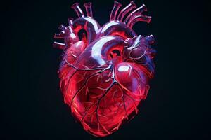 Human heart in neon light on dark background. ai generated pro photo