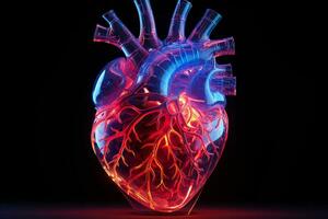 Human heart in neon light on dark background. ai generated pro photo