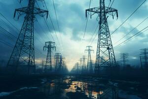 High voltage power lines and pylons. Electricity distribution station. ai generated pro photo