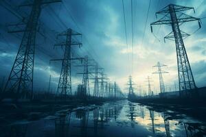 High voltage power lines and pylons. Electricity distribution station. ai generated pro photo