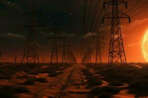 High voltage power lines and pylons. Electricity distribution station. ai generated pro photo