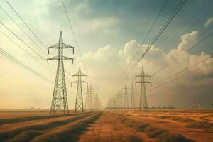 High voltage power lines and pylons. Electricity distribution station. ai generated pro photo