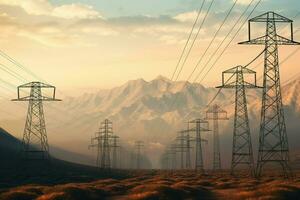 High voltage power lines and pylons. Electricity distribution station. ai generated pro photo