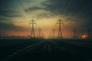 High voltage power lines and pylons. Electricity distribution station. ai generated pro photo