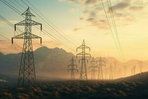 High voltage power lines and pylons. Electricity distribution station. ai generated pro photo