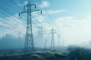High voltage power lines and pylons. Electricity distribution station. ai generated pro photo