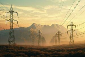 High voltage power lines and pylons. Electricity distribution station. ai generated pro photo