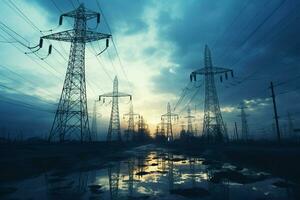 High voltage power lines and pylons. Electricity distribution station. ai generated pro photo