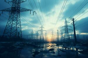 High voltage power lines and pylons. Electricity distribution station. ai generated pro photo