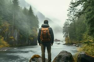 hombre con un mochila en pie en el medio de un montaña río. ai generado Pro foto