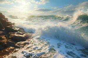 Beautiful seascape with waves in the sea at sunset. ai generated pro photo