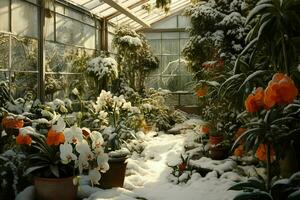 Winter garden inside greenhouse with flowers and plants under snow. AI generated pro photo