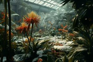 Winter garden inside greenhouse with flowers and plants under snow. AI generated pro photo