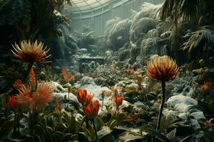 Winter garden inside greenhouse with flowers and plants under snow. AI generated pro photo