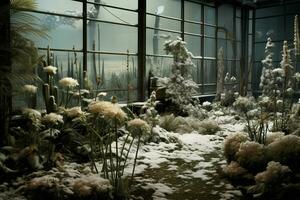 Winter garden inside greenhouse with flowers and plants under snow. AI generated pro photo